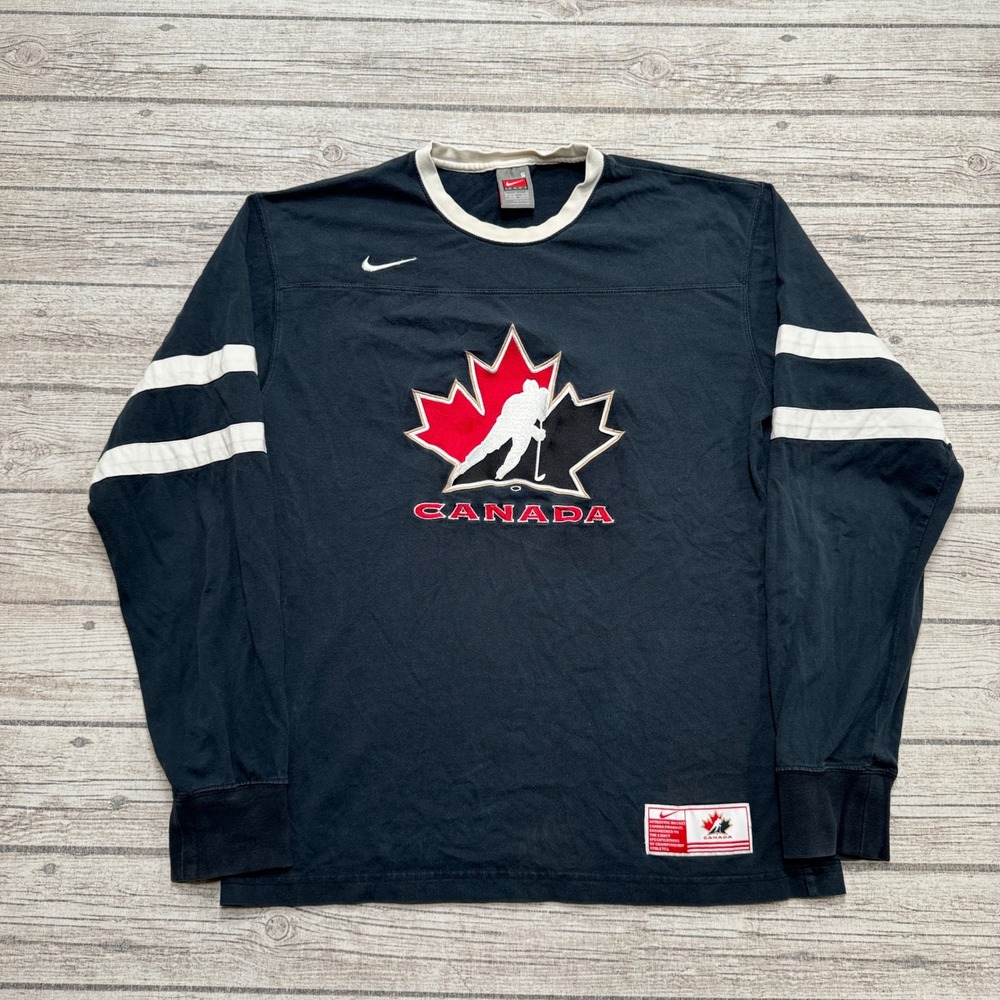 Y2K Nike Team Canada Shirt Men's S Black Cotton Long Sleeve Maple Leafs Hockey